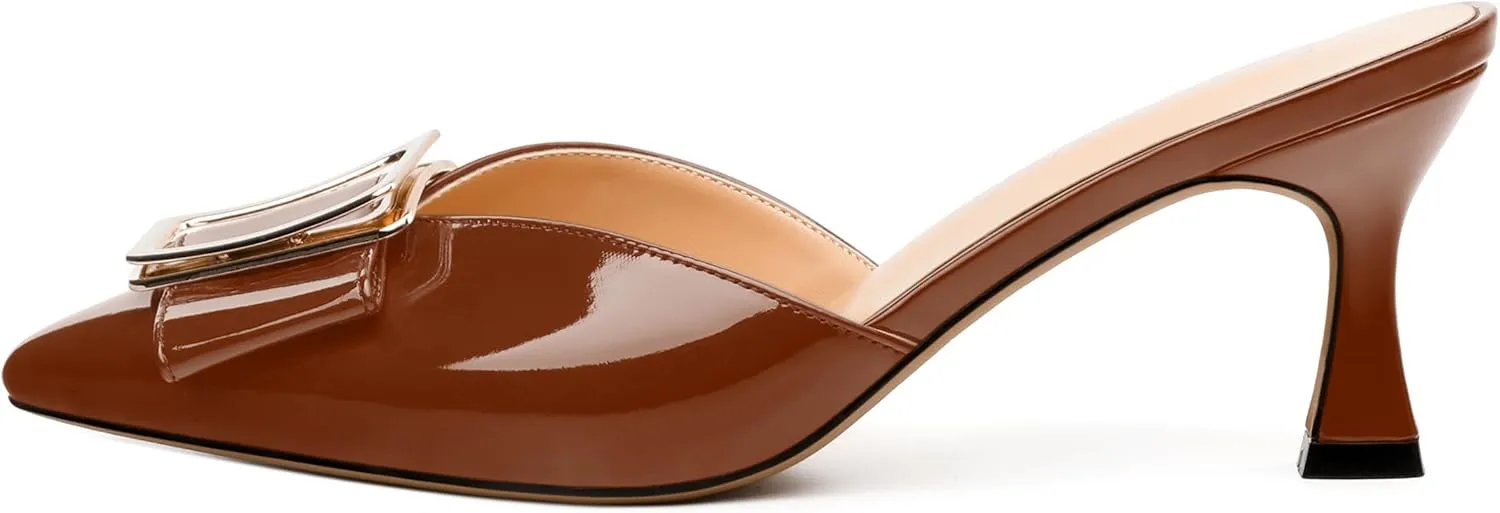 Women's Mules, Pointed Toe Mid Heel Sandals, Fashion Decorative Buckle Heeled Sandal for Women