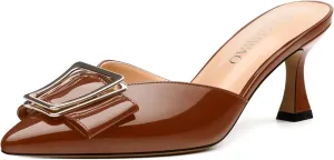 Women's Mules, Pointed Toe Mid Heel Sandals, Fashion Decorative Buckle Heeled Sandal for Women