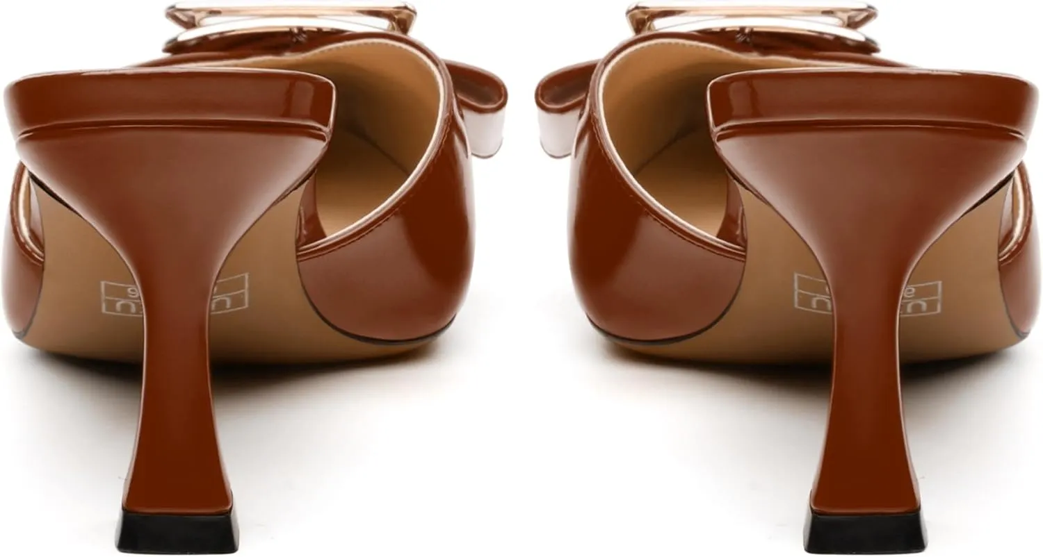 Women's Mules, Pointed Toe Mid Heel Sandals, Fashion Decorative Buckle Heeled Sandal for Women