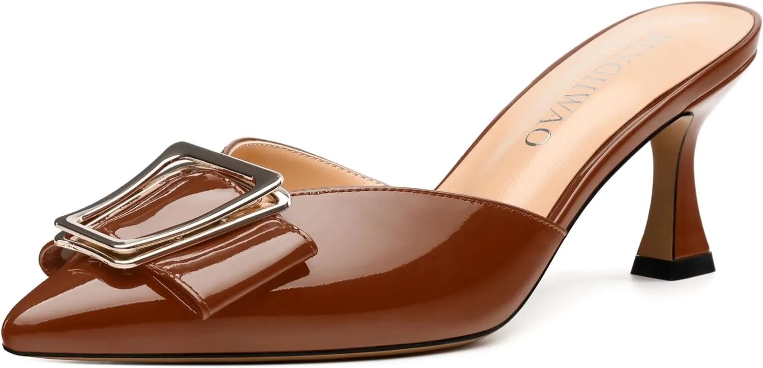 Women's Mules, Pointed Toe Mid Heel Sandals, Fashion Decorative Buckle Heeled Sandal for Women