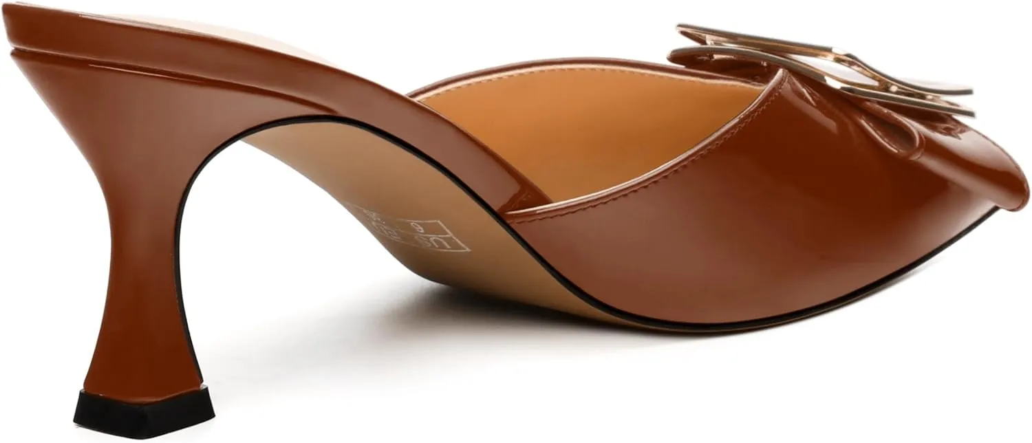 Women's Mules, Pointed Toe Mid Heel Sandals, Fashion Decorative Buckle Heeled Sandal for Women