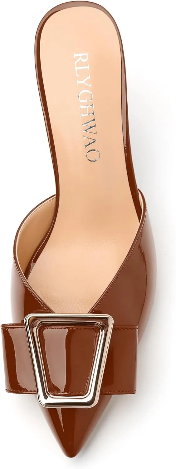 Women's Mules, Pointed Toe Mid Heel Sandals, Fashion Decorative Buckle Heeled Sandal for Women