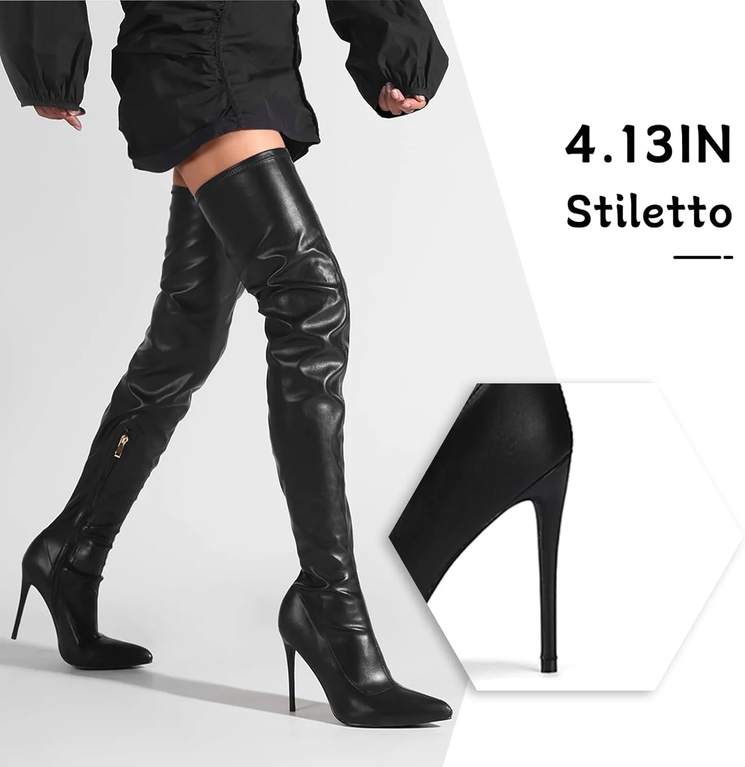 Women's Over The Knee Boots High with Pointy Toe Stretch Black Thigh High Boot for Dressy Lady Fashion Heeled Long Boots with Comfortable Leather Upper Casual Prom Party Wedding Shoes