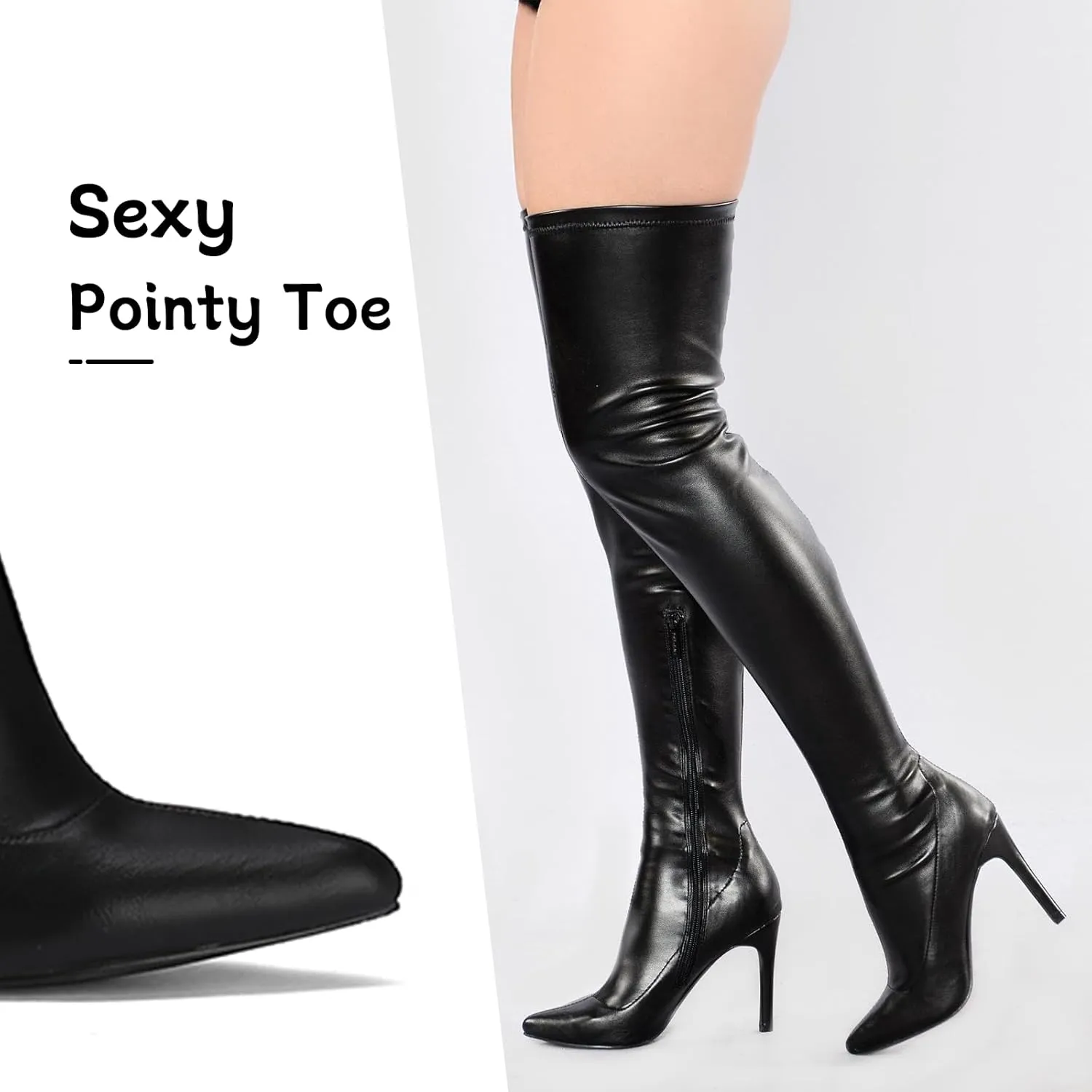 Women's Over The Knee Boots High with Pointy Toe Stretch Black Thigh High Boot for Dressy Lady Fashion Heeled Long Boots with Comfortable Leather Upper Casual Prom Party Wedding Shoes