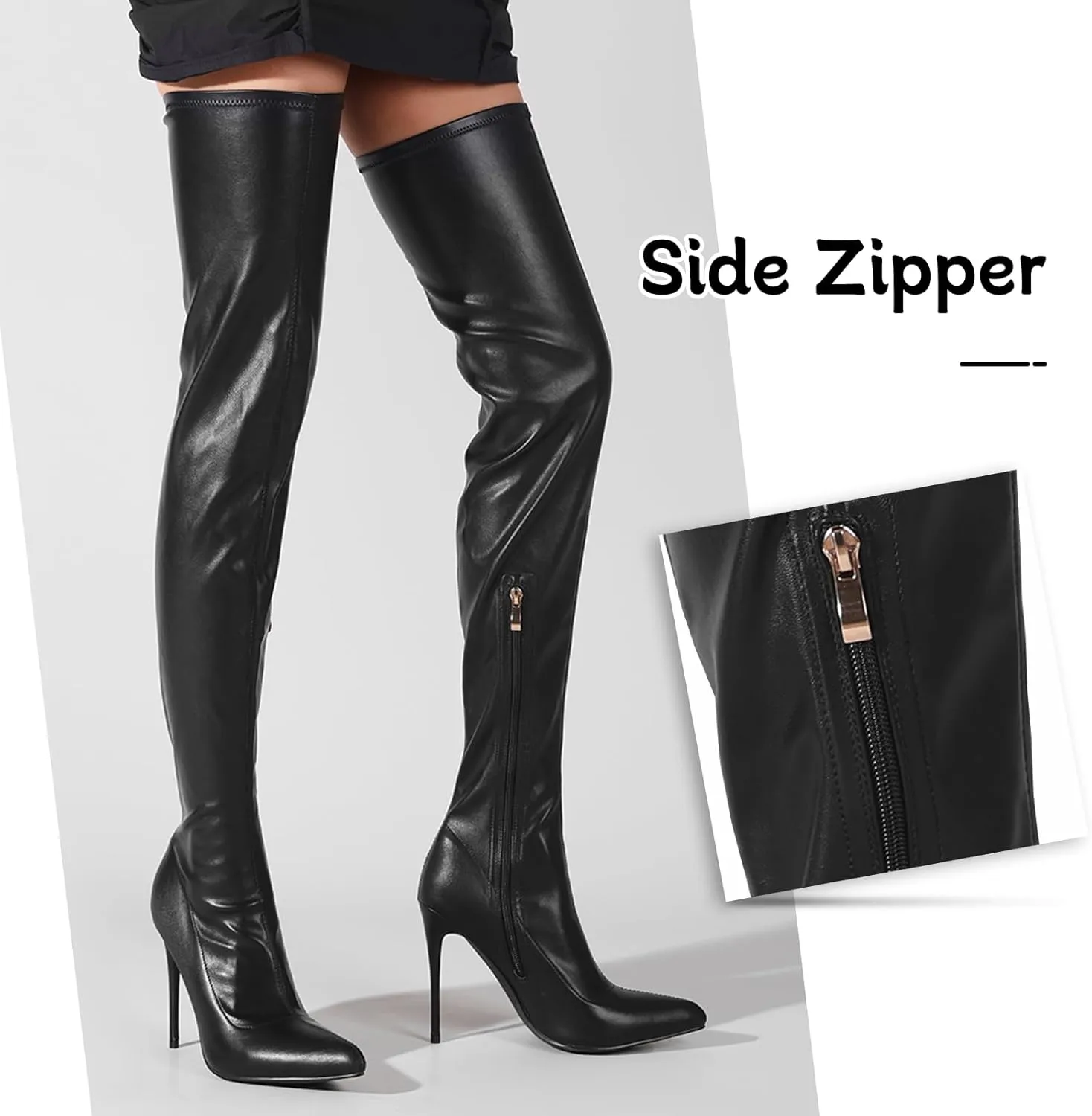 Women's Over The Knee Boots High with Pointy Toe Stretch Black Thigh High Boot for Dressy Lady Fashion Heeled Long Boots with Comfortable Leather Upper Casual Prom Party Wedding Shoes