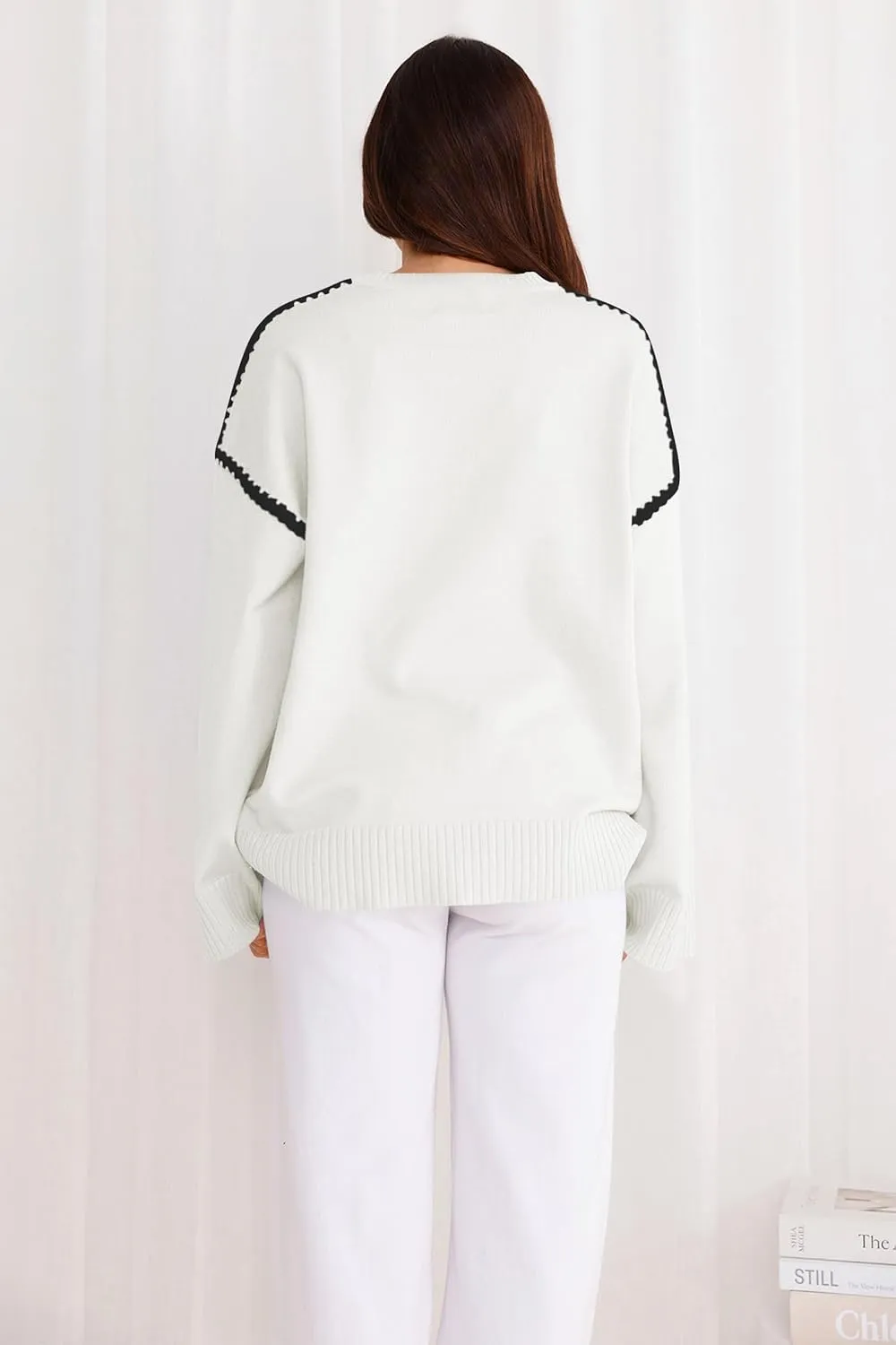 Women's Oversized Sweaters Loose Fit Fall Crewneck Color Block Knit Pullover Sweater Tops