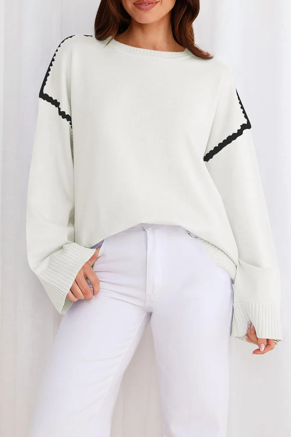 Women's Oversized Sweaters Loose Fit Fall Crewneck Color Block Knit Pullover Sweater Tops