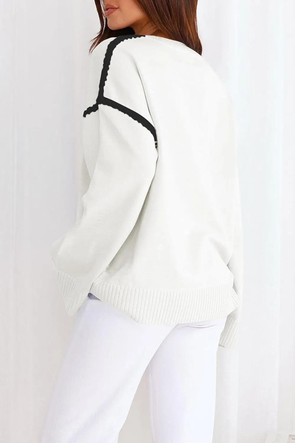 Women's Oversized Sweaters Loose Fit Fall Crewneck Color Block Knit Pullover Sweater Tops