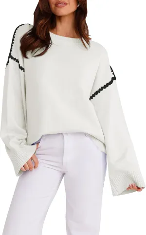 Women's Oversized Sweaters Loose Fit Fall Crewneck Color Block Knit Pullover Sweater Tops