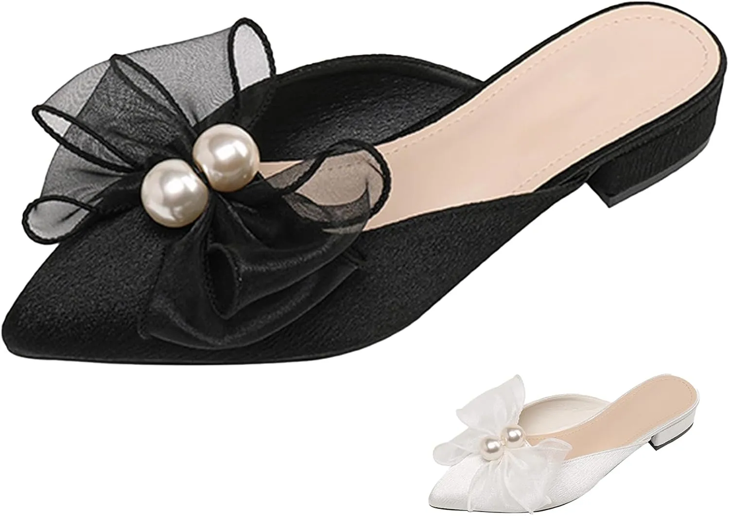 Women's Pearl Bow Backless Mules Fashion Closed Pointed Toe Comfortable Slip On Low Block Heel Dress Slides for Casual Office Wedding Party