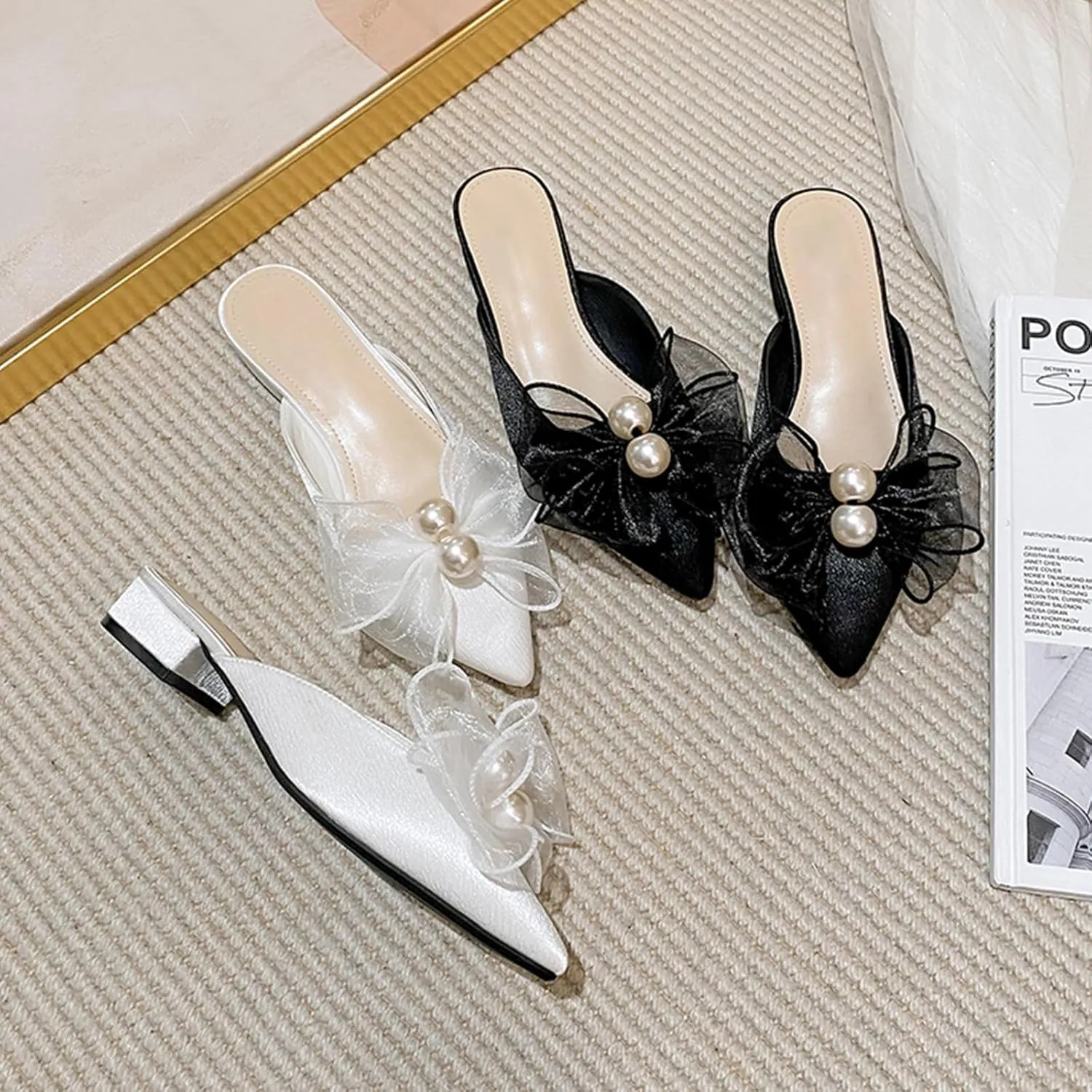 Women's Pearl Bow Backless Mules Fashion Closed Pointed Toe Comfortable Slip On Low Block Heel Dress Slides for Casual Office Wedding Party