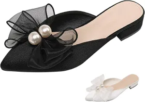 Women's Pearl Bow Backless Mules Fashion Closed Pointed Toe Comfortable Slip On Low Block Heel Dress Slides for Casual Office Wedding Party