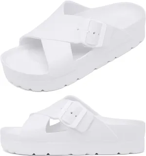 Womens Platform Sandals with Arch Support, Adjustable Buckle Beach Sandal Woman Comfort Lightweight Ultra Cushion EVA Slides