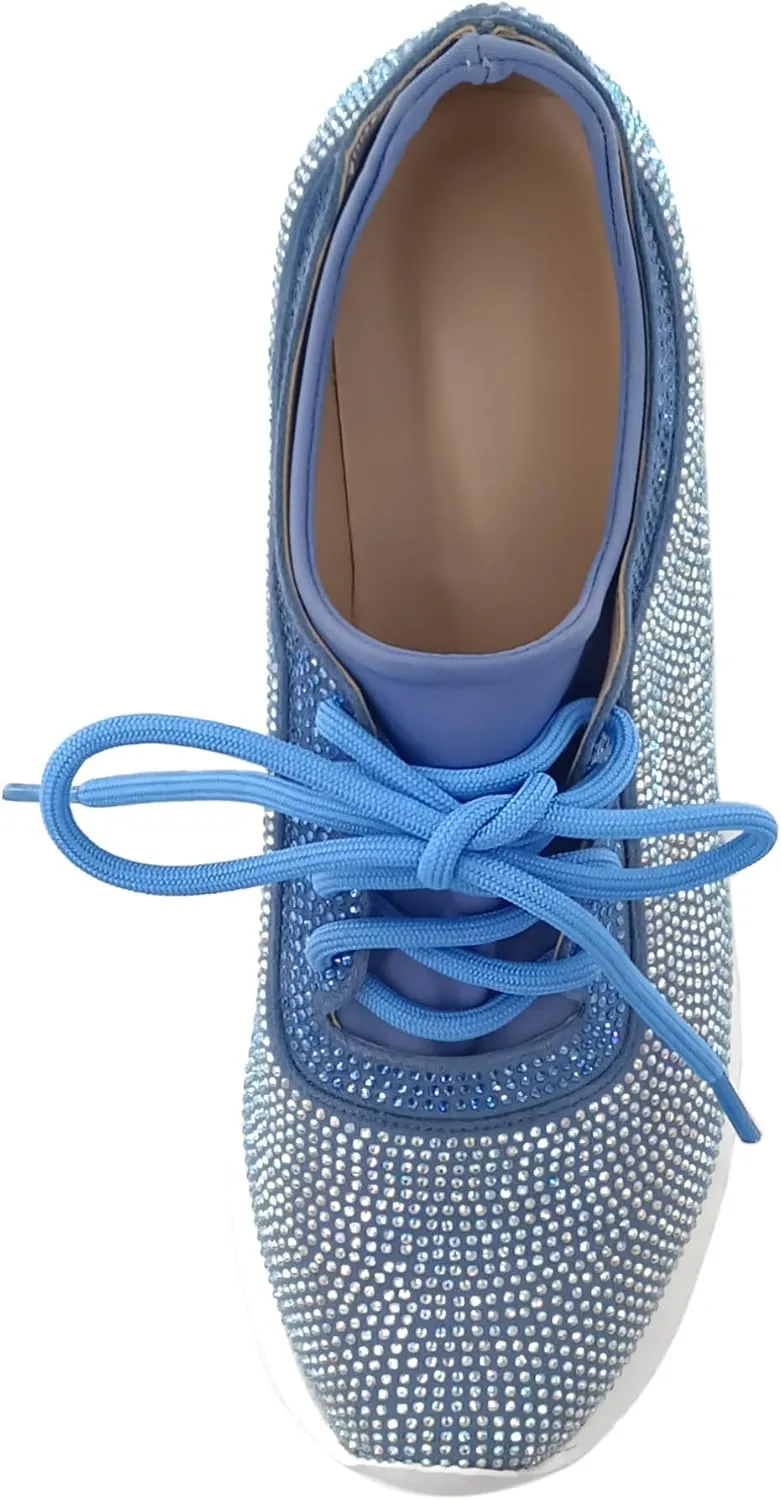 Women's Platform Sneakers Fashion Rhinestone Sneakers Shoes Low Top Walking Shoes Lace Up