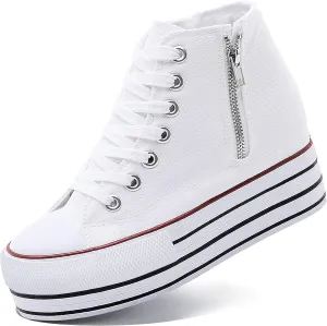Womens Platform Wedge Sneakers Hidden Wedge 4 Inches Height Boost, High Top Canvas Heel Sneakers White Fashion Sneakers for Women and Girls