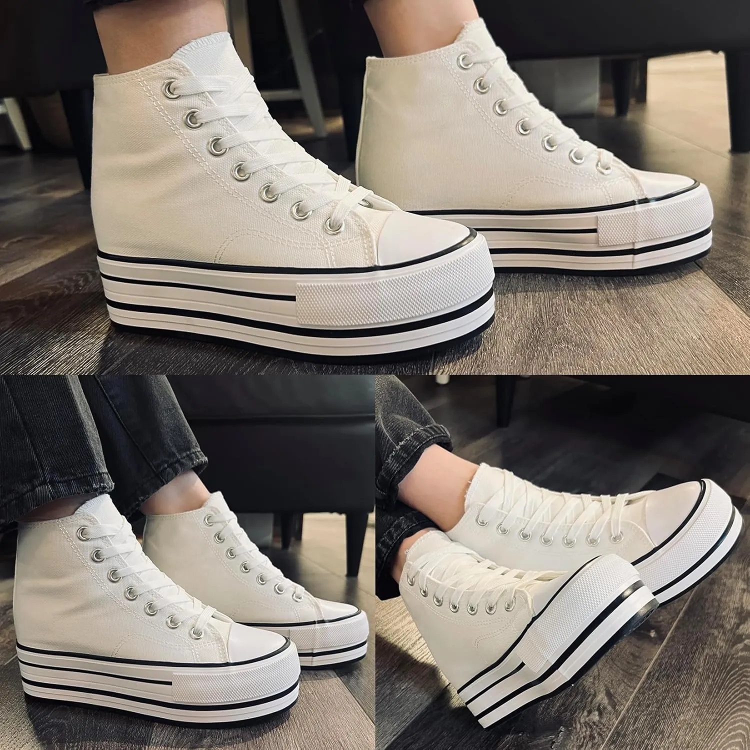 Womens Platform Wedge Sneakers Hidden Wedge 4 Inches Height Boost, High Top Canvas Heel Sneakers White Fashion Sneakers for Women and Girls