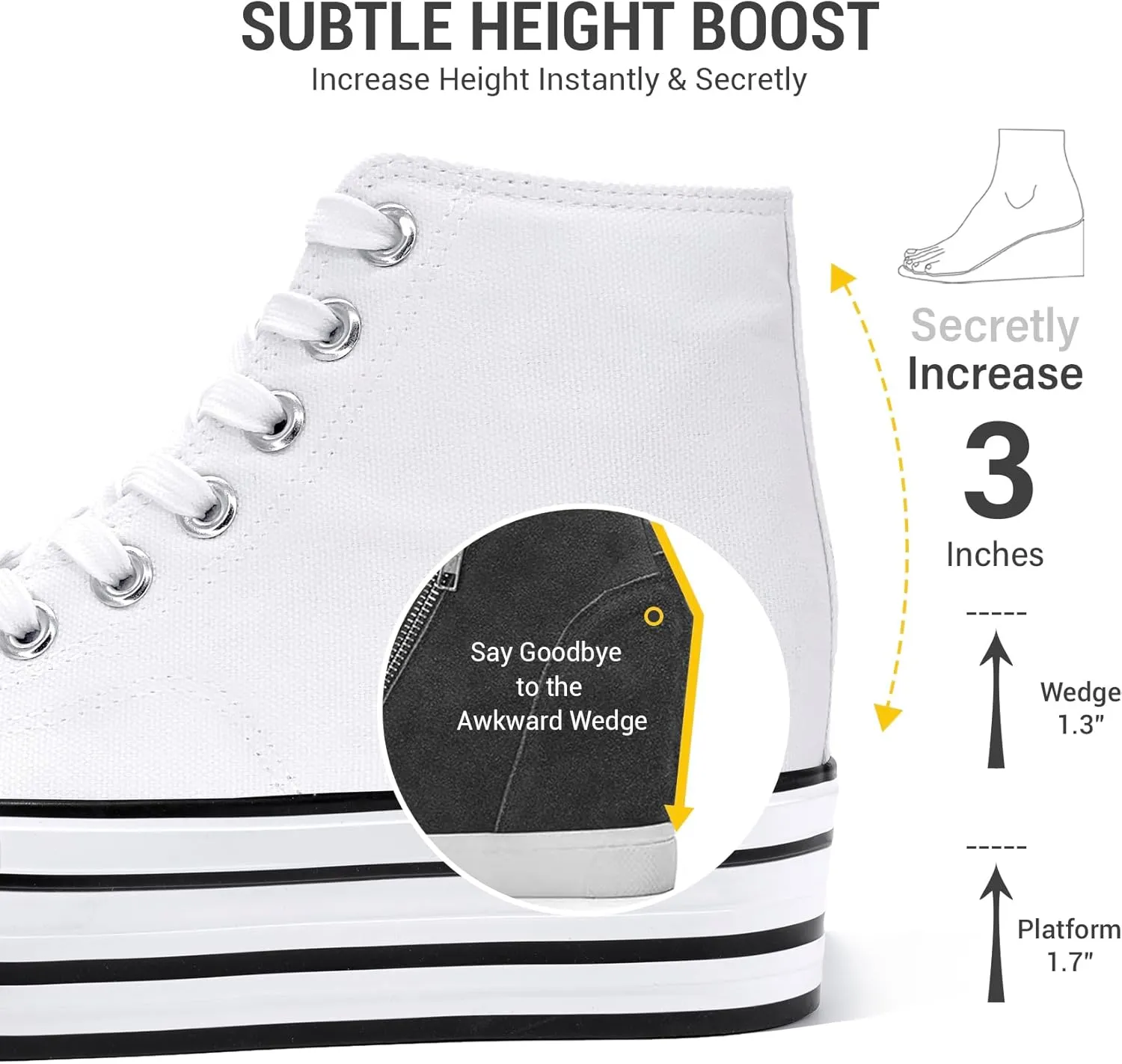 Womens Platform Wedge Sneakers Hidden Wedge 4 Inches Height Boost, High Top Canvas Heel Sneakers White Fashion Sneakers for Women and Girls