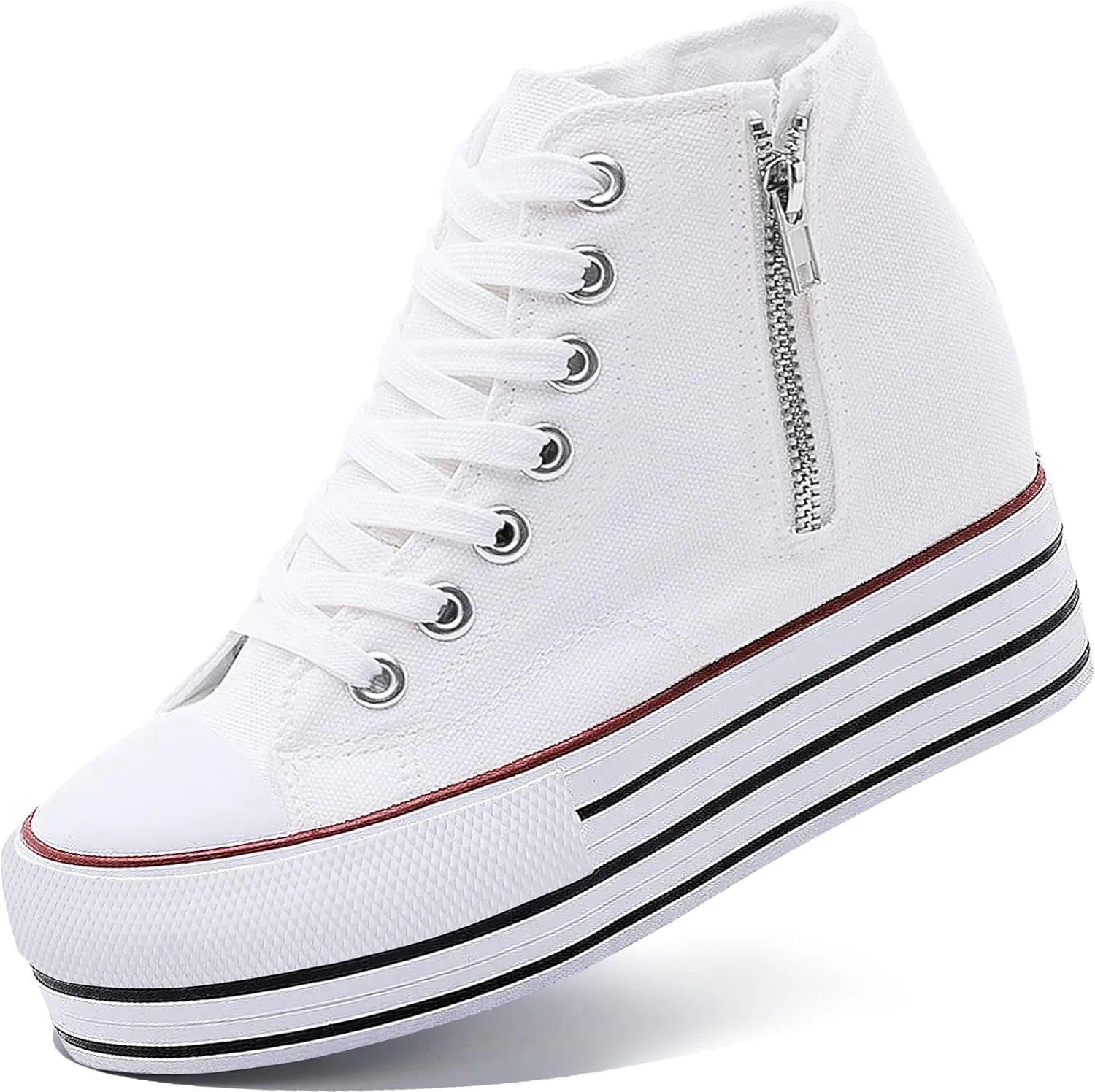 Womens Platform Wedge Sneakers Hidden Wedge 4 Inches Height Boost, High Top Canvas Heel Sneakers White Fashion Sneakers for Women and Girls