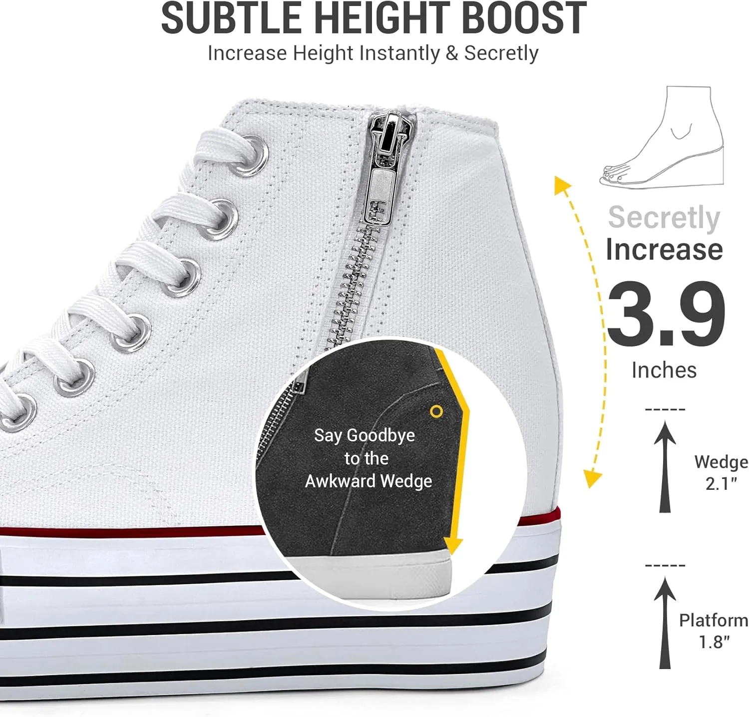Womens Platform Wedge Sneakers Hidden Wedge 4 Inches Height Boost, High Top Canvas Heel Sneakers White Fashion Sneakers for Women and Girls