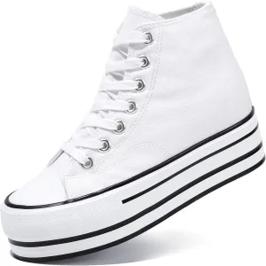 Womens Platform Wedge Sneakers Hidden Wedge 4 Inches Height Boost, High Top Canvas Heel Sneakers White Fashion Sneakers for Women and Girls