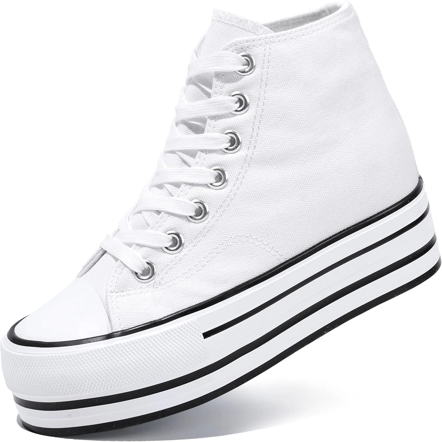 Womens Platform Wedge Sneakers Hidden Wedge 4 Inches Height Boost, High Top Canvas Heel Sneakers White Fashion Sneakers for Women and Girls