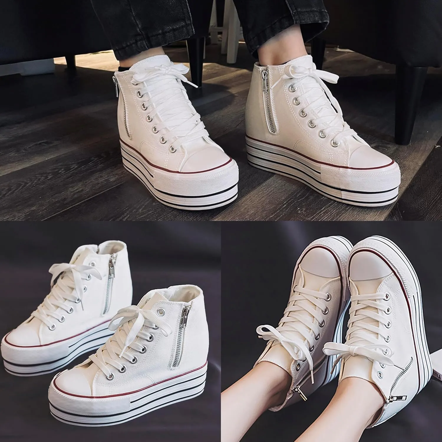 Womens Platform Wedge Sneakers Hidden Wedge 4 Inches Height Boost, High Top Canvas Heel Sneakers White Fashion Sneakers for Women and Girls