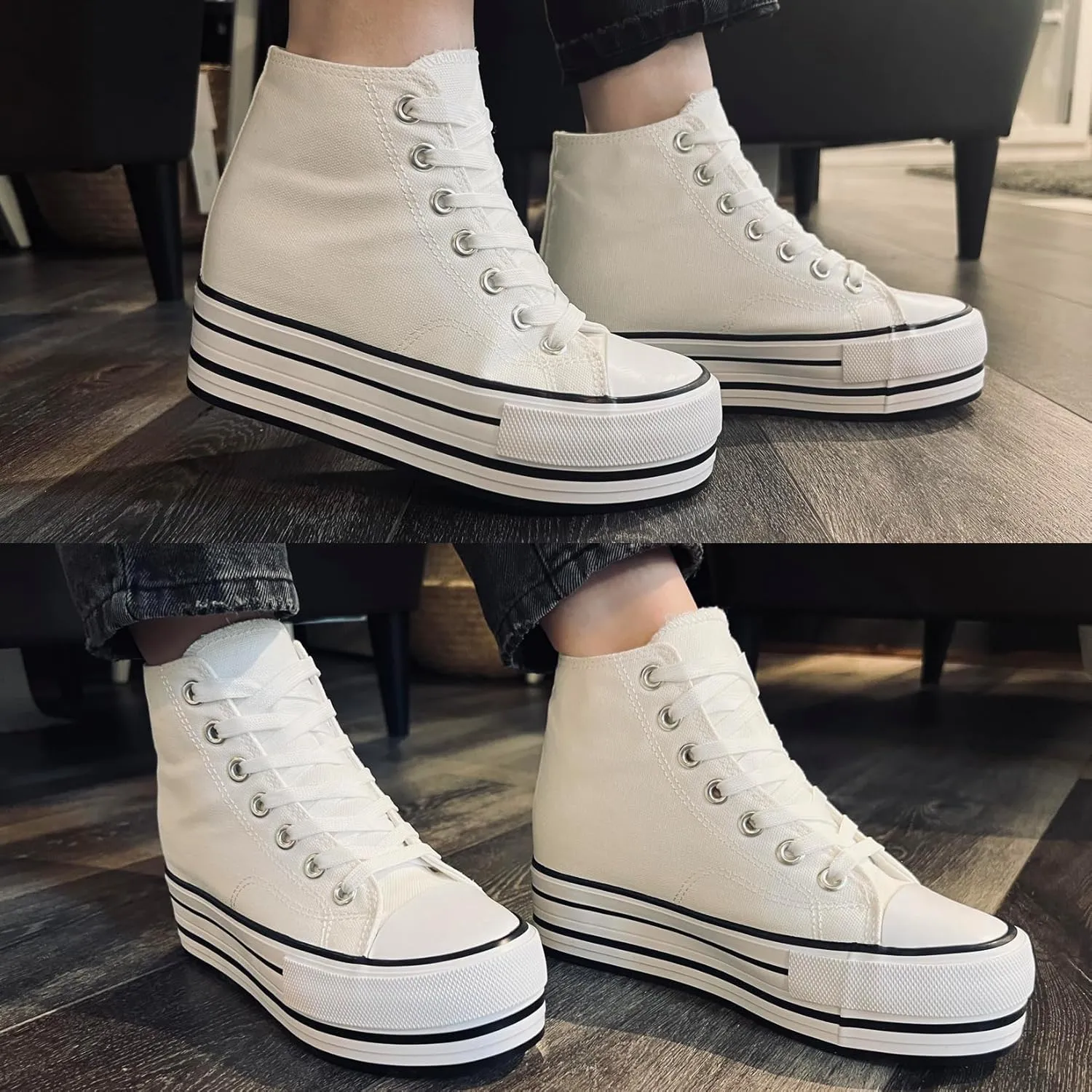 Womens Platform Wedge Sneakers Hidden Wedge 4 Inches Height Boost, High Top Canvas Heel Sneakers White Fashion Sneakers for Women and Girls