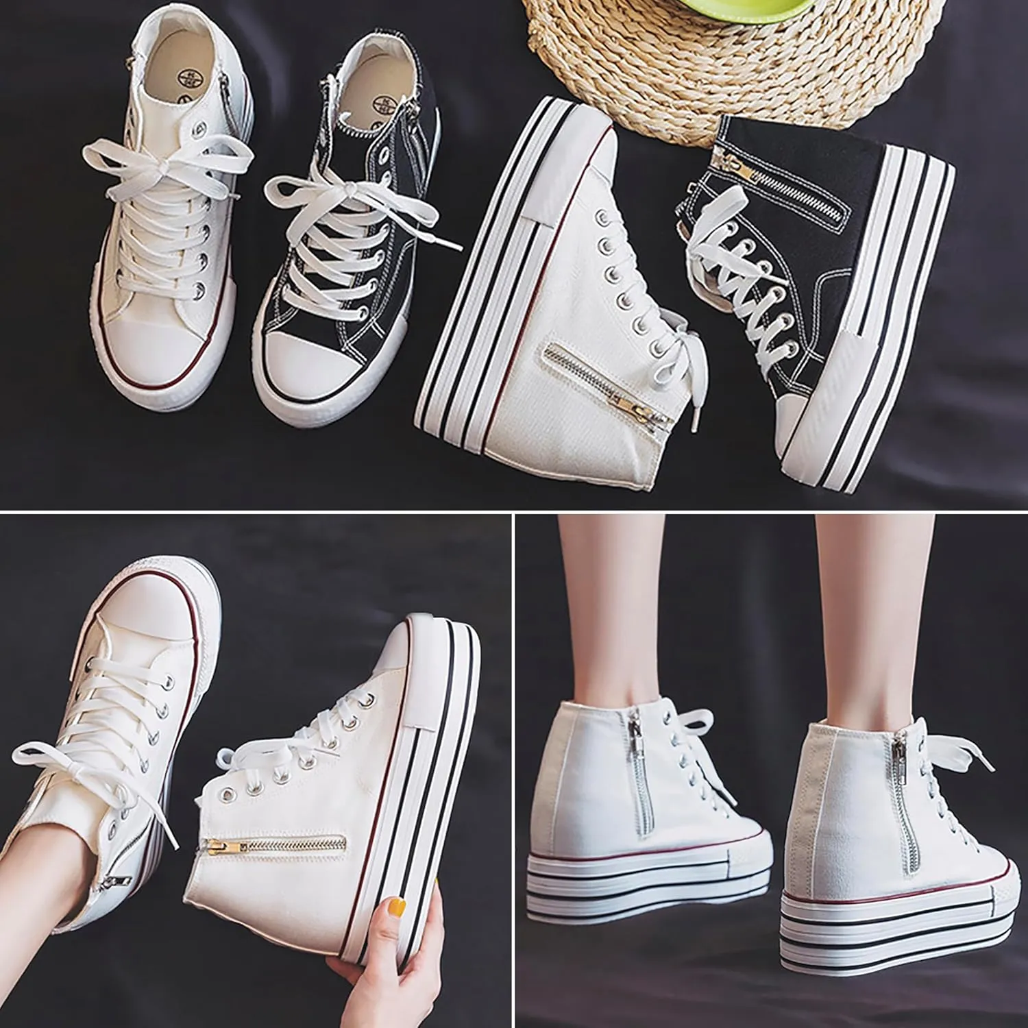 Womens Platform Wedge Sneakers Hidden Wedge 4 Inches Height Boost, High Top Canvas Heel Sneakers White Fashion Sneakers for Women and Girls