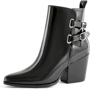 Womens Pointed Toe Ankle Boots Two Buckle Straps Fashion Dating Dress 3 Inch Chunky Block Mid Heel Booties with Zip