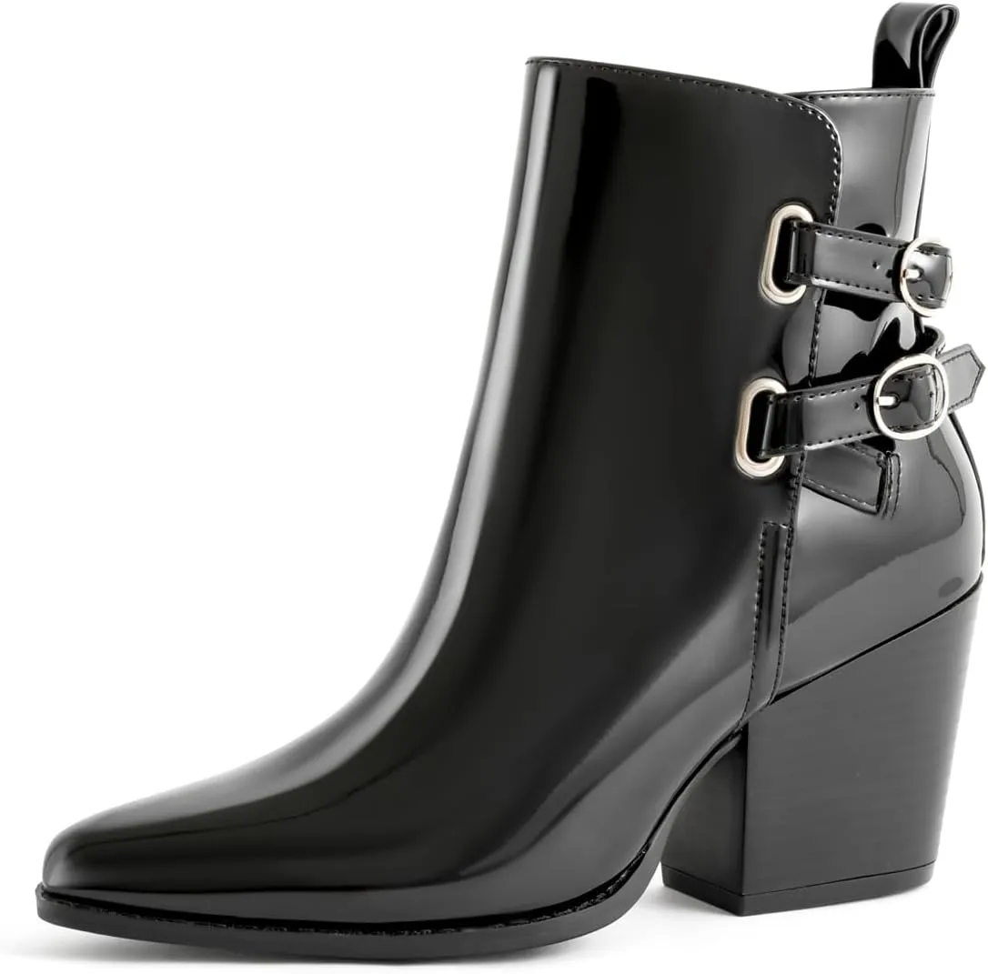 Womens Pointed Toe Ankle Boots Two Buckle Straps Fashion Dating Dress 3 Inch Chunky Block Mid Heel Booties with Zip