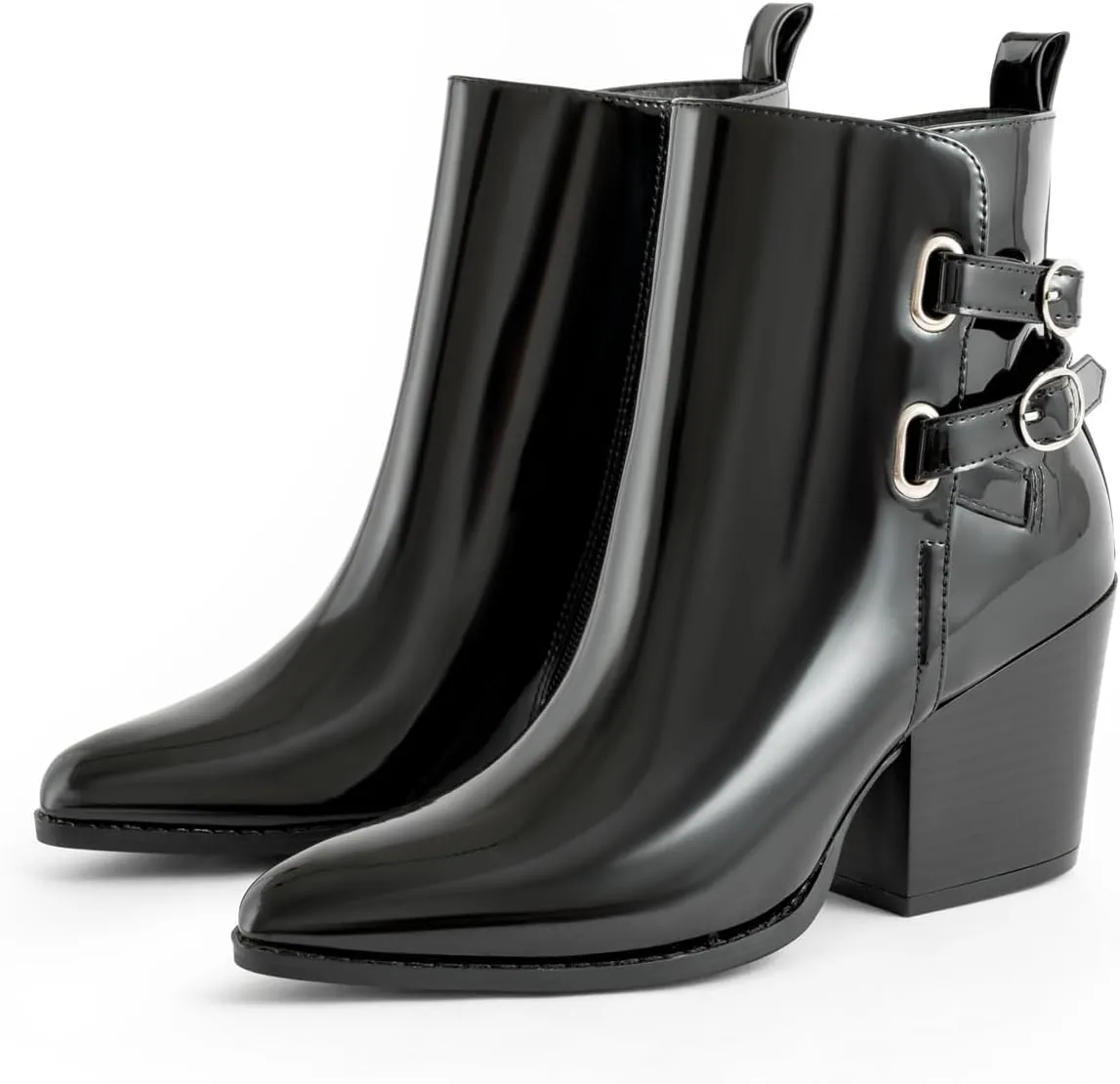 Womens Pointed Toe Ankle Boots Two Buckle Straps Fashion Dating Dress 3 Inch Chunky Block Mid Heel Booties with Zip