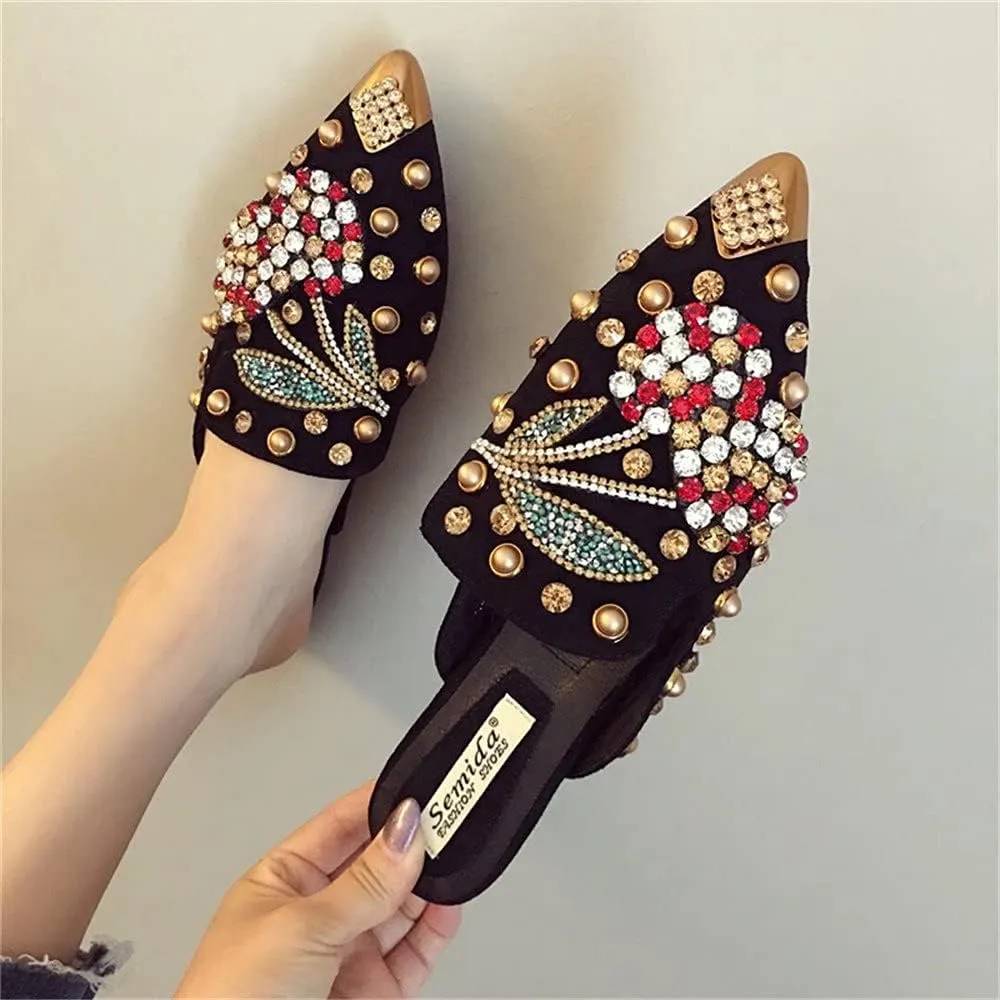 Women's Pointed Toe Rhinestone Mules Suede Slip-on Mules Slides Rivet Mules Flats Dress Sandals