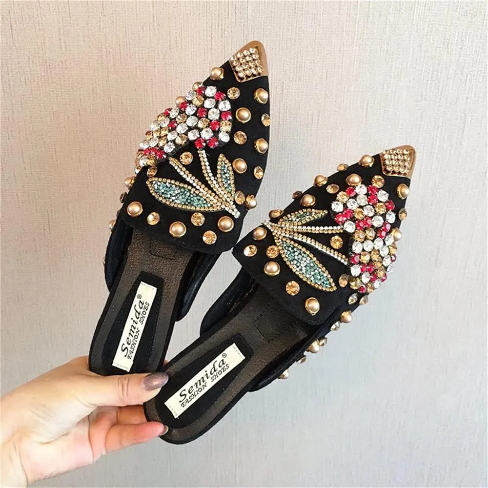 Women's Pointed Toe Rhinestone Mules Suede Slip-on Mules Slides Rivet Mules Flats Dress Sandals