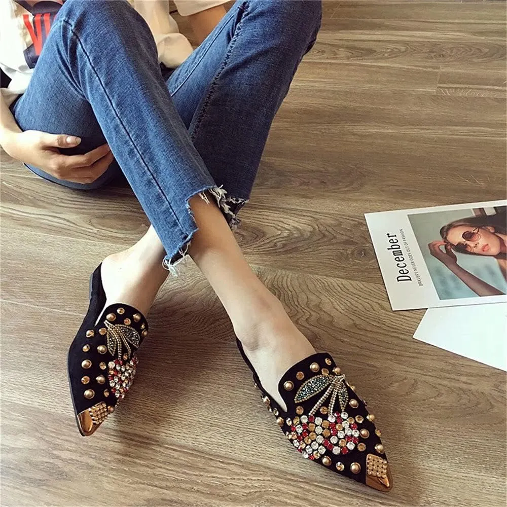 Women's Pointed Toe Rhinestone Mules Suede Slip-on Mules Slides Rivet Mules Flats Dress Sandals