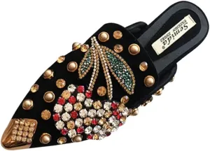 Women's Pointed Toe Rhinestone Mules Suede Slip-on Mules Slides Rivet Mules Flats Dress Sandals