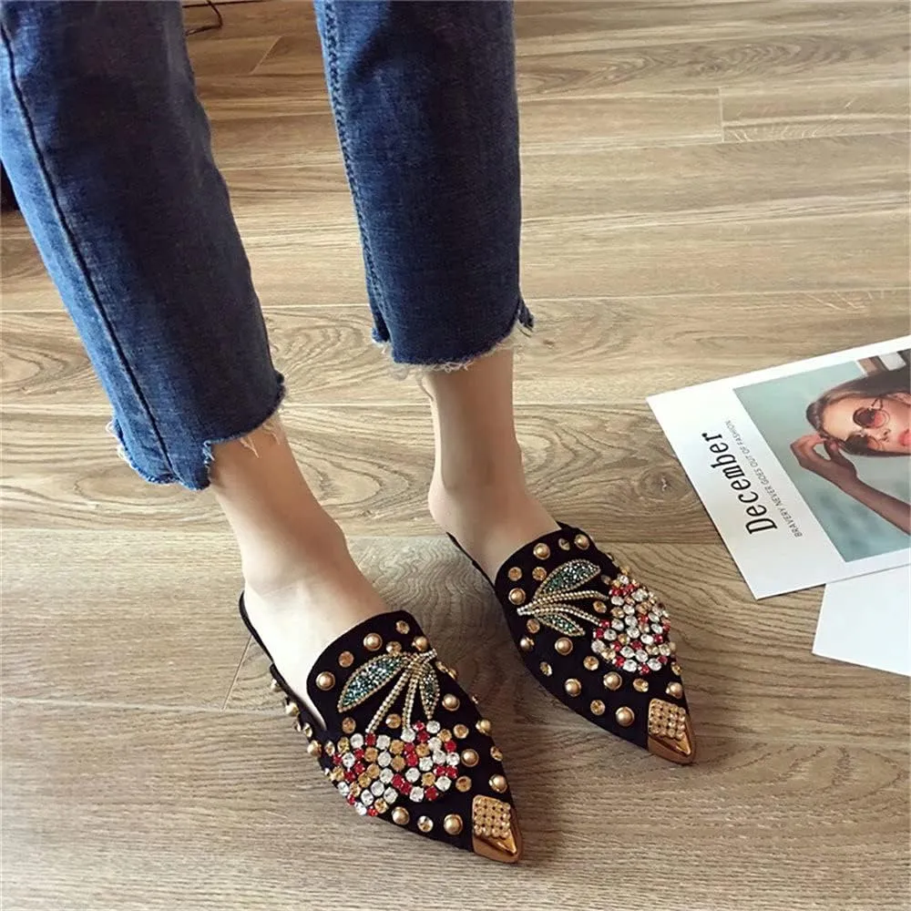 Women's Pointed Toe Rhinestone Mules Suede Slip-on Mules Slides Rivet Mules Flats Dress Sandals
