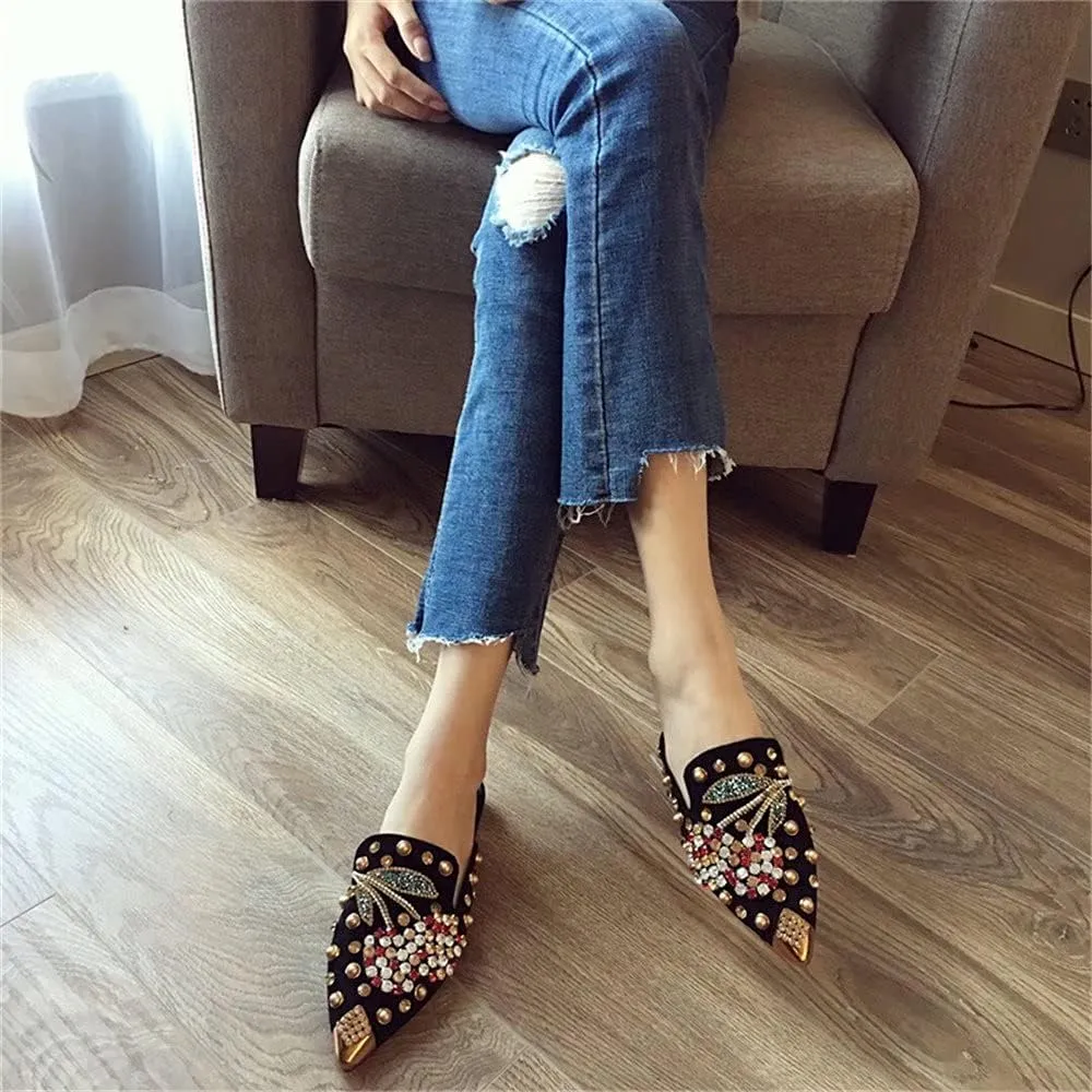 Women's Pointed Toe Rhinestone Mules Suede Slip-on Mules Slides Rivet Mules Flats Dress Sandals