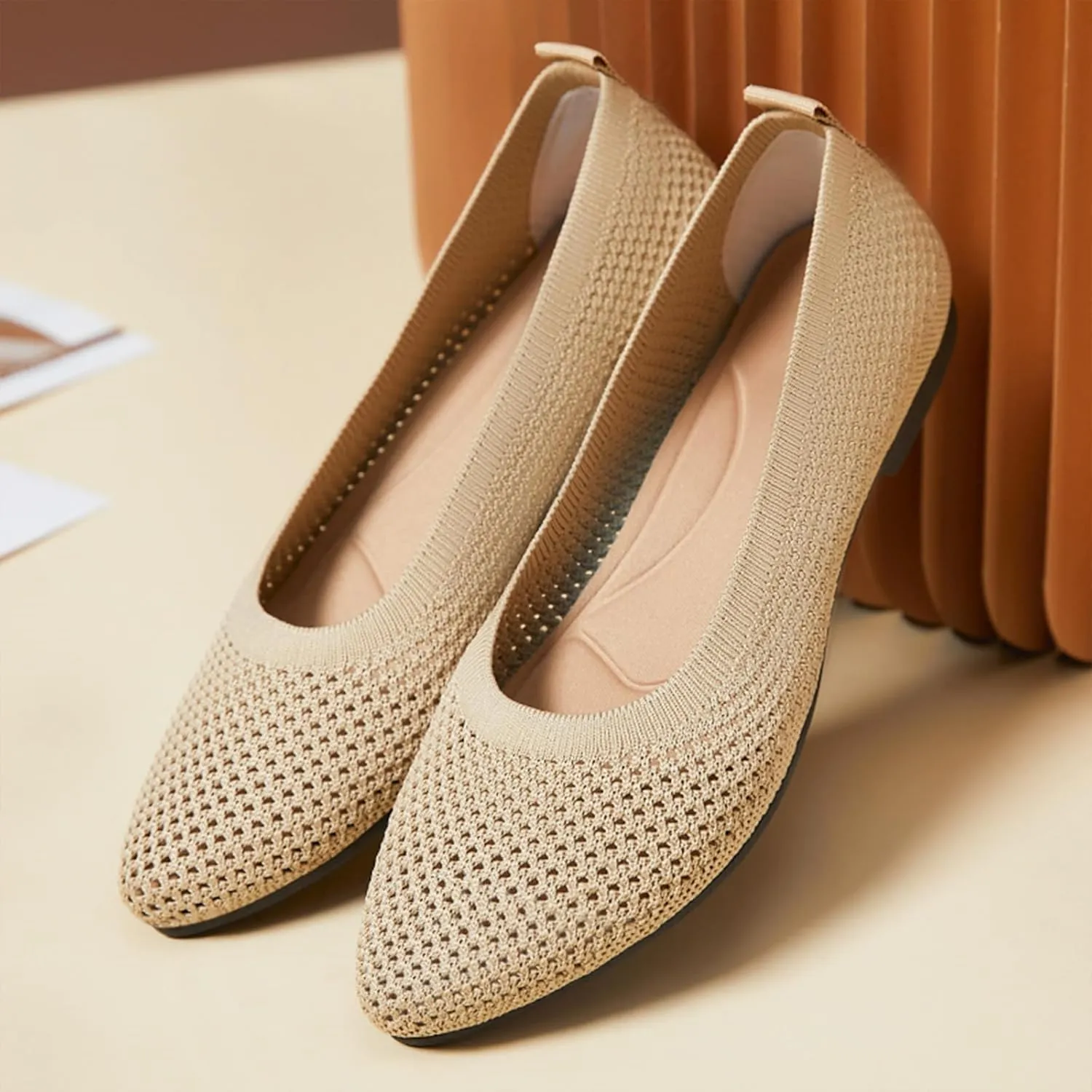 Women's Pointed Toe Slip-On Knit Flats,Breathable Mesh Soft Sole Comfortable Ballet Flats Casual Walking Work Dressy Loafers