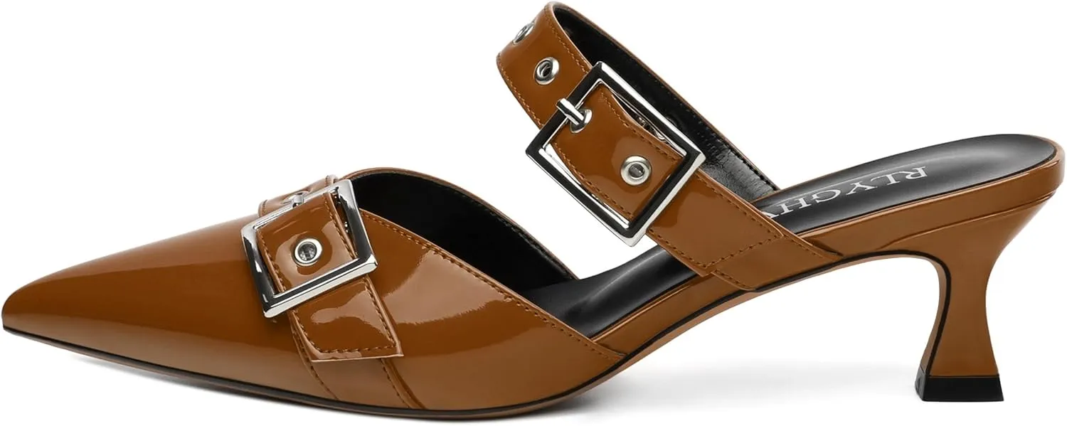 Women's Pumps, Pointed Toe Low Heel Mules for Women, Backstrap Buckle Fashion Solid Women's Mule Pumps for Daily Working Party