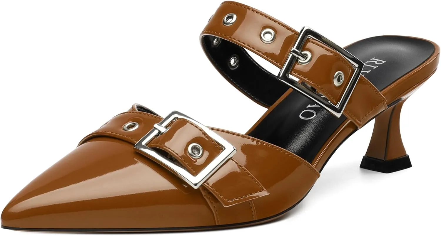 Women's Pumps, Pointed Toe Low Heel Mules for Women, Backstrap Buckle Fashion Solid Women's Mule Pumps for Daily Working Party