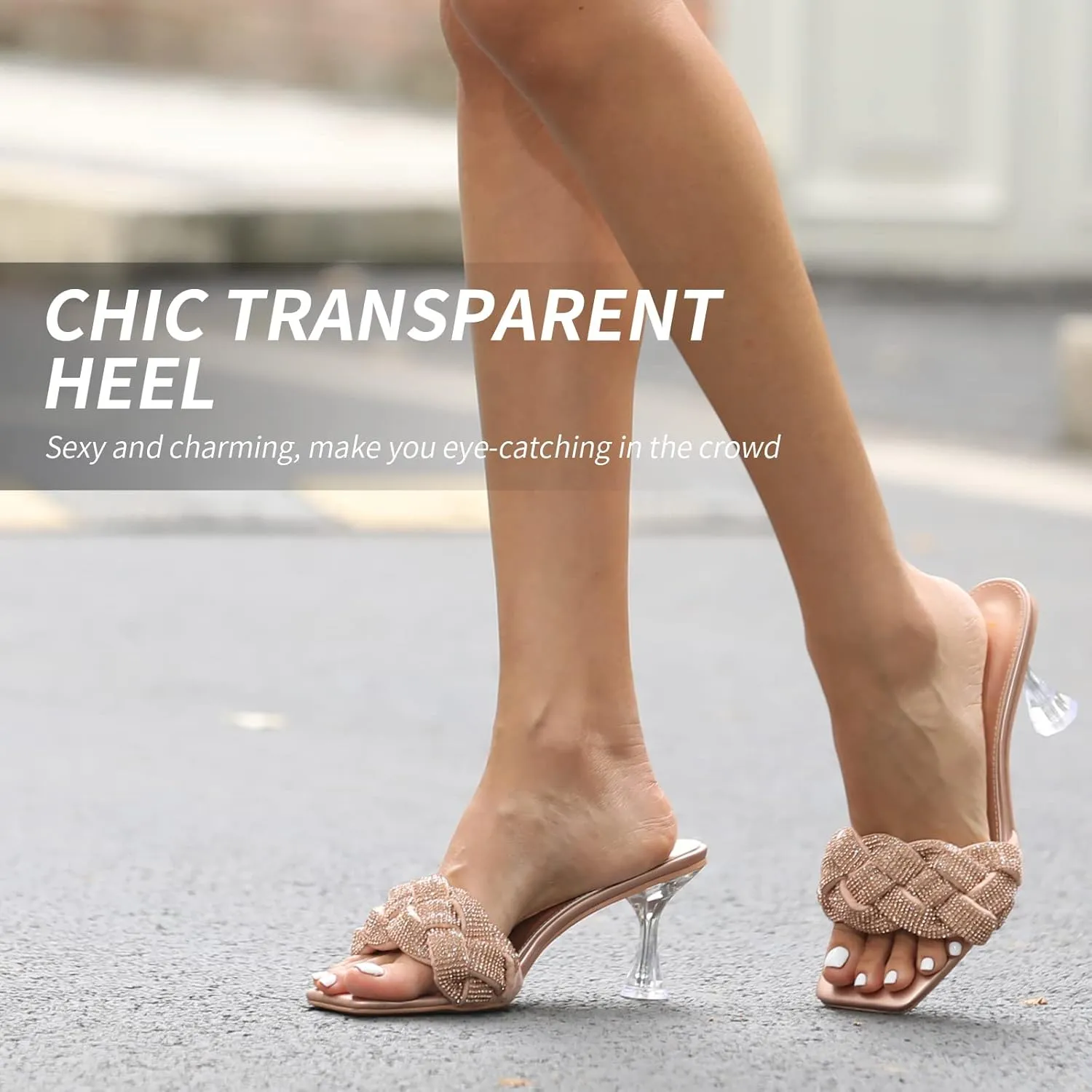 Women's Rhinestone Braided Heels Sandals Open Square Toe Stilettos Heels Clear Lucite Heeled Mules Slip On Sexy Dress Wedding High Heel Slippers