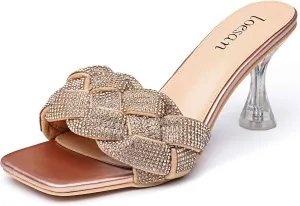 Women's Rhinestone Braided Heels Sandals Open Square Toe Stilettos Heels Clear Lucite Heeled Mules Slip On Sexy Dress Wedding High Heel Slippers