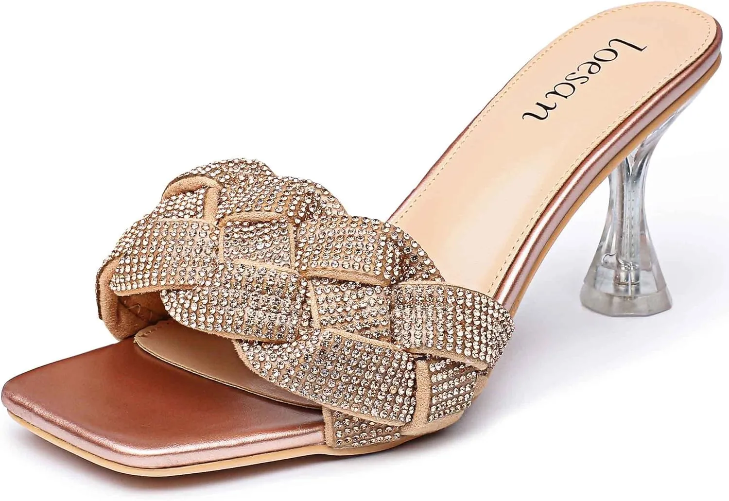 Women's Rhinestone Braided Heels Sandals Open Square Toe Stilettos Heels Clear Lucite Heeled Mules Slip On Sexy Dress Wedding High Heel Slippers