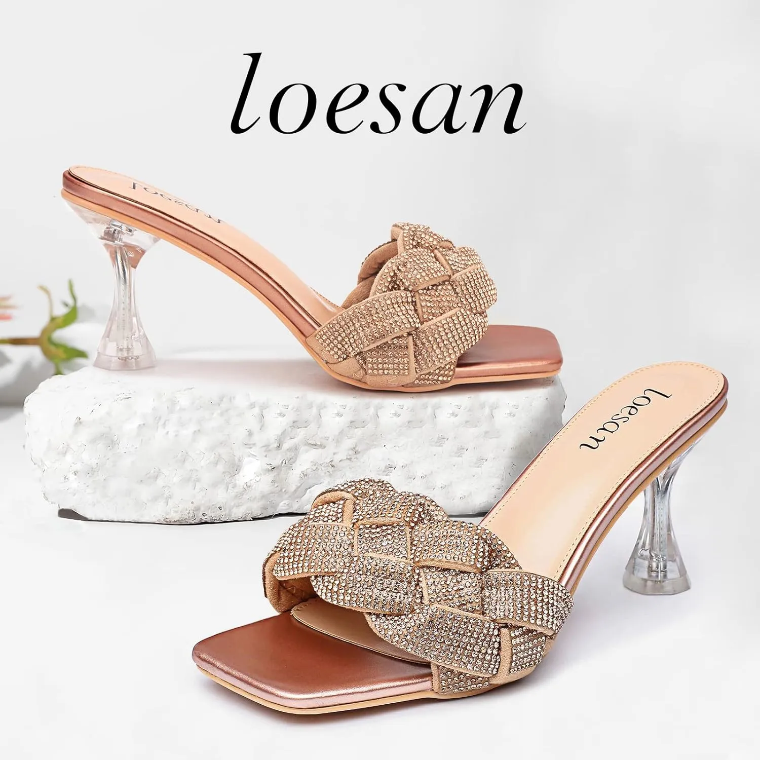 Women's Rhinestone Braided Heels Sandals Open Square Toe Stilettos Heels Clear Lucite Heeled Mules Slip On Sexy Dress Wedding High Heel Slippers
