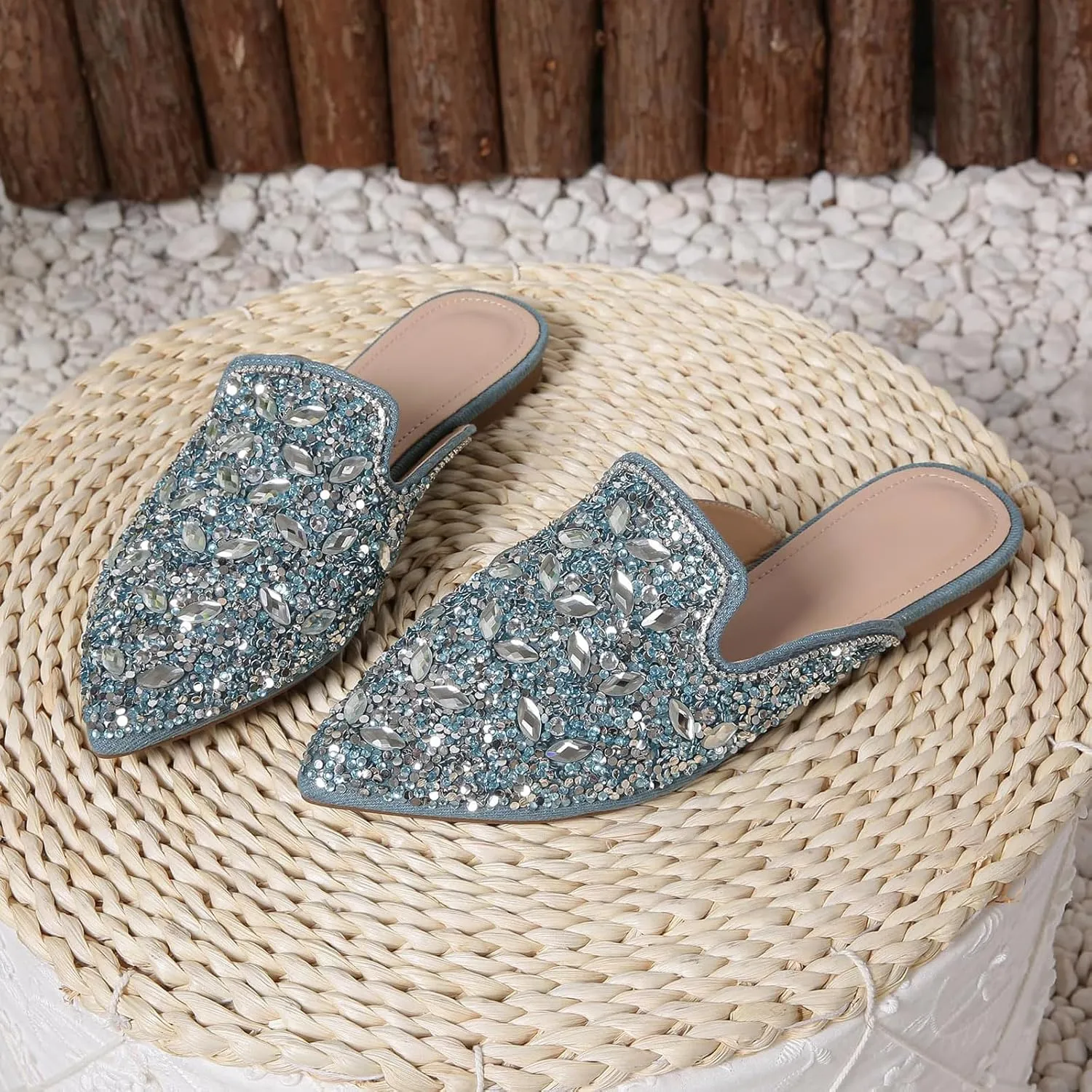 Women's Rhinestone Pointed Toe Flat Mules Soft Memory Foam Insole Backless Slip On Glitter Slides Loafer Dress Clogs Flats
