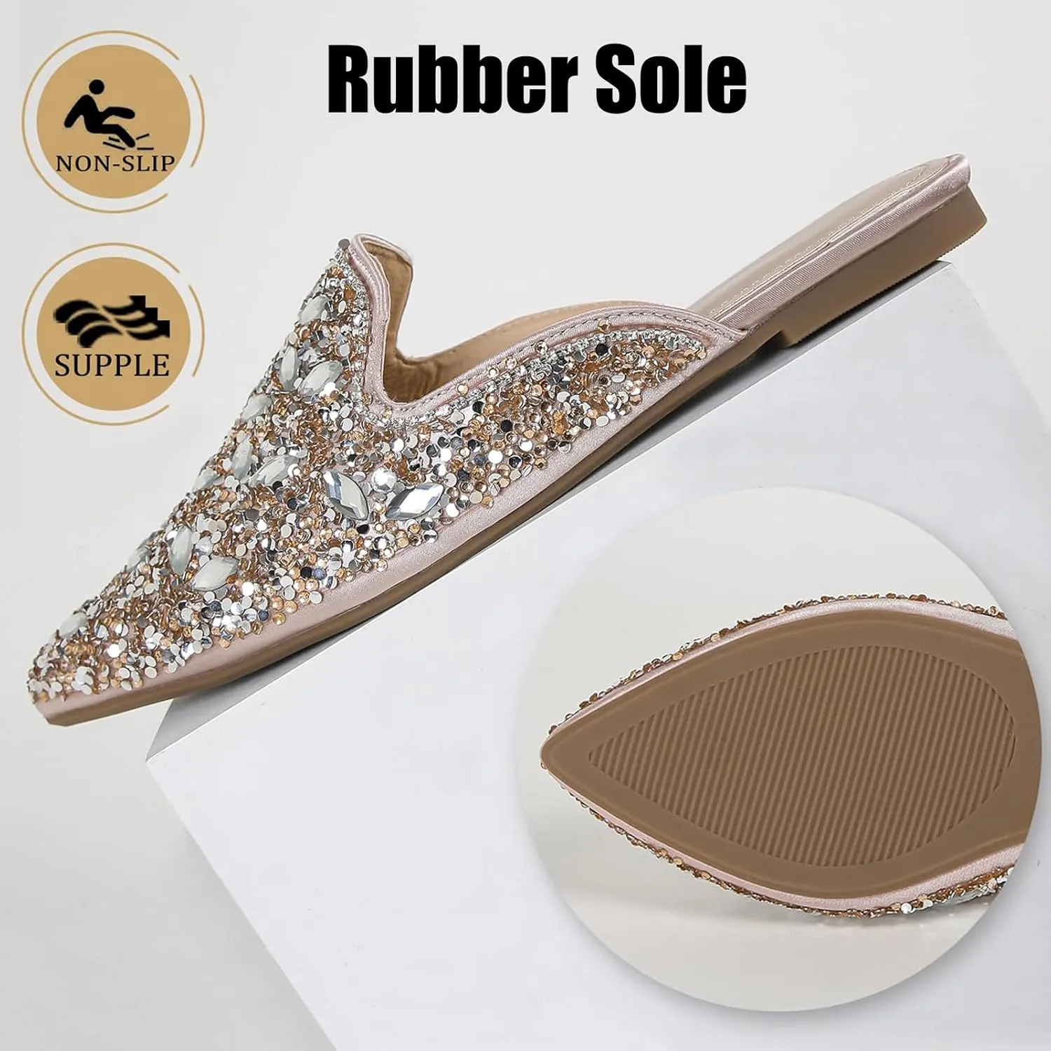 Women's Rhinestone Pointed Toe Flat Mules Soft Memory Foam Insole Backless Slip On Glitter Slides Loafer Dress Clogs Flats