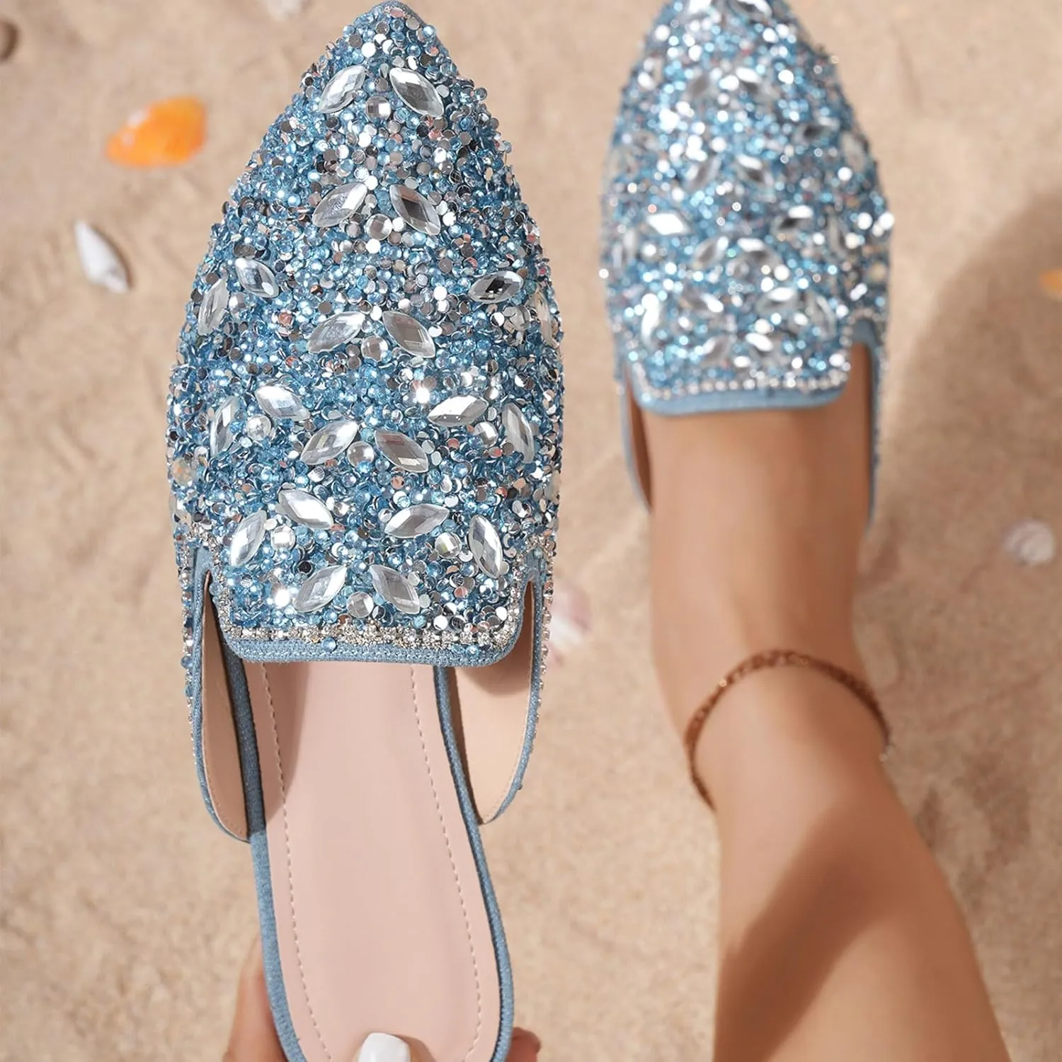 Women's Rhinestone Pointed Toe Flat Mules Soft Memory Foam Insole Backless Slip On Glitter Slides Loafer Dress Clogs Flats