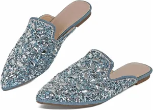 Women's Rhinestone Pointed Toe Flat Mules Soft Memory Foam Insole Backless Slip On Glitter Slides Loafer Dress Clogs Flats