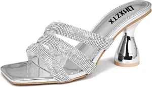 Women's Rhinestone Square Heeled Sandals Slip On Peep Toe Chunky Block Kitten High Heels Mules Slippers Slides Fashion Wedding Dress Backless Pump Shoes