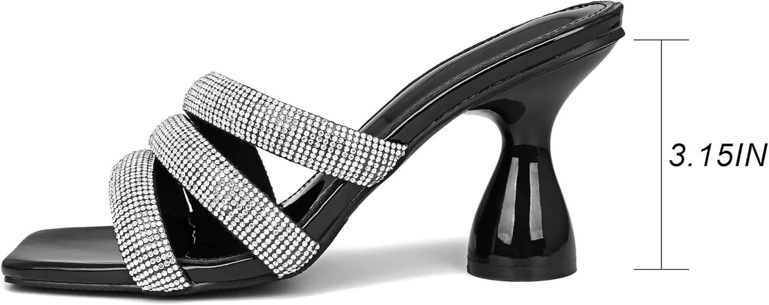 Women's Rhinestone Square Heeled Sandals Slip On Peep Toe Chunky Block Kitten High Heels Mules Slippers Slides Fashion Wedding Dress Backless Pump Shoes
